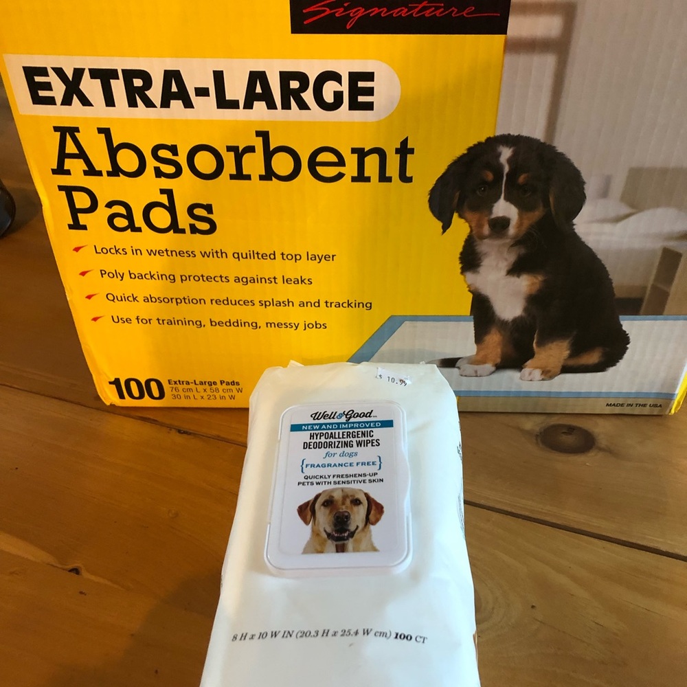 Extra large puppy pads - approx 75 pads remaining.   Unopened wipes
